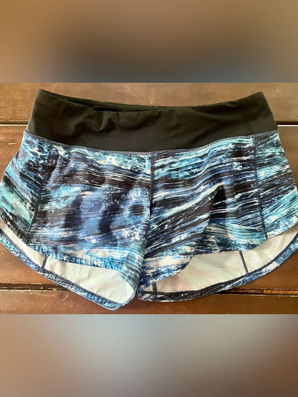 Women's Blue Print Athletic Shorts with Black Waistband